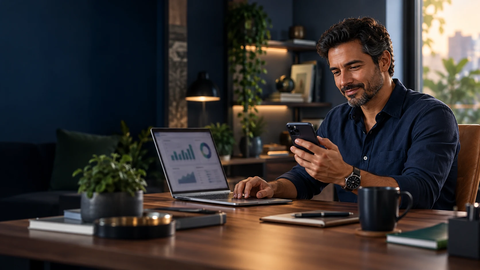 Homem analisando suas contas com celular e gráficos no computador