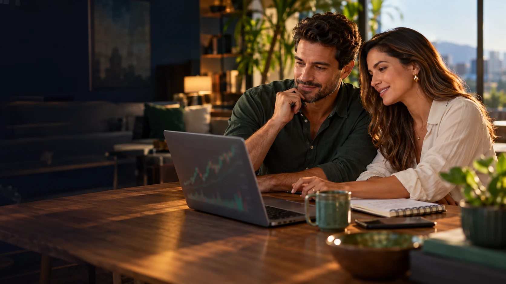 Casal planejando suas finanças e investimentos em casa